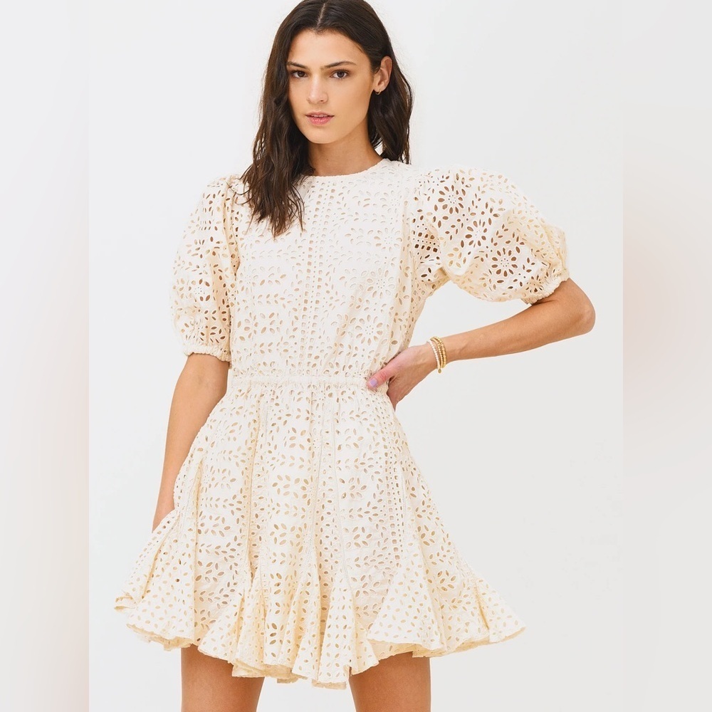 RHODE Molly Dress Buttercream Mini Eyelet Backless Puff Sleeve